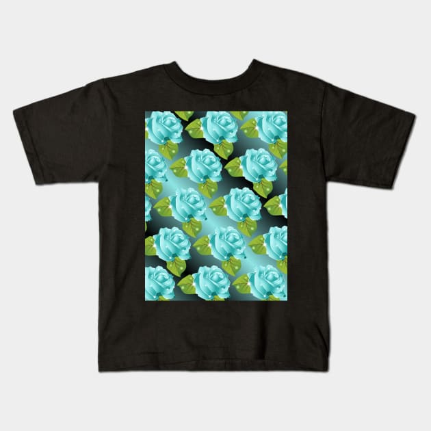 Blue Sparkly Roses Pattern Art Kids T-Shirt by Designoholic